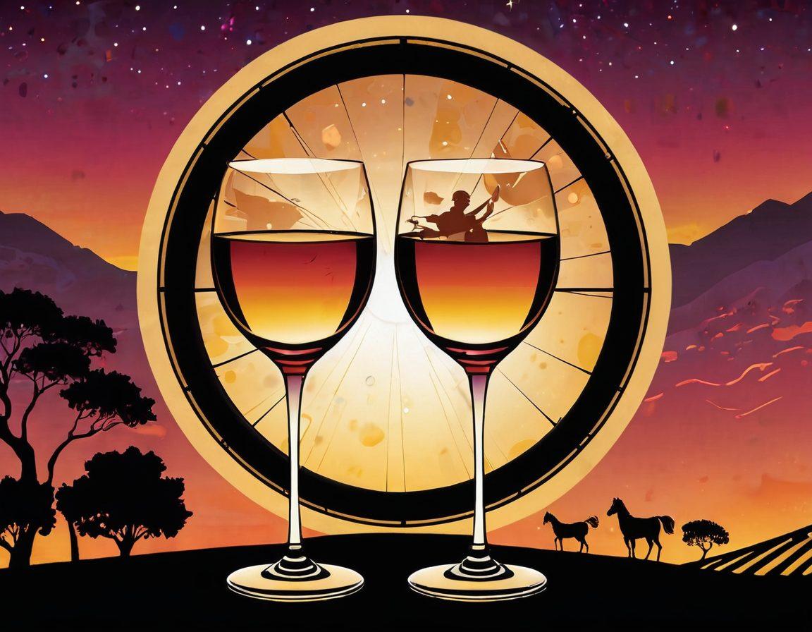 A whimsical illustration of a golden wine glass clinking against a classic film reel, with a backdrop of rolling vineyards and movie genre symbols like a thriller silhouette, a romantic couple, and an animated character. The scene should evoke a sense of celebration, with vibrant wine colors and film lights twinkling in the background. bright colors. playful style. cinematic elegance.