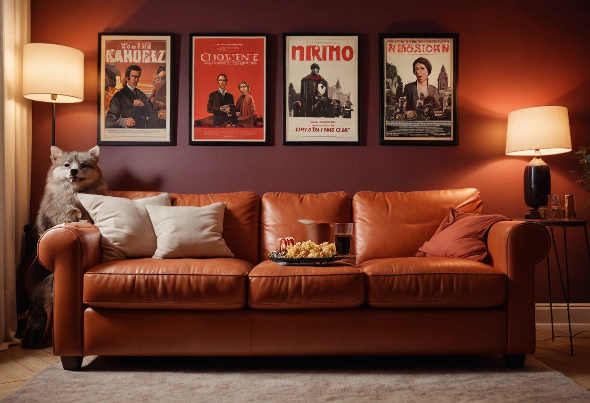 A cozy home cinema scene featuring a plush sofa with a glass of red wine and a popcorn bowl, surrounded by movie posters representing various genres like horror, romance, and action. Soft ambient lighting casts a warm glow, enhancing the inviting atmosphere. In the background, a vintage projector casts images of films on a white screen, blending the love for cinema and fine wine. super-realistic. warm colors. cinematic style.