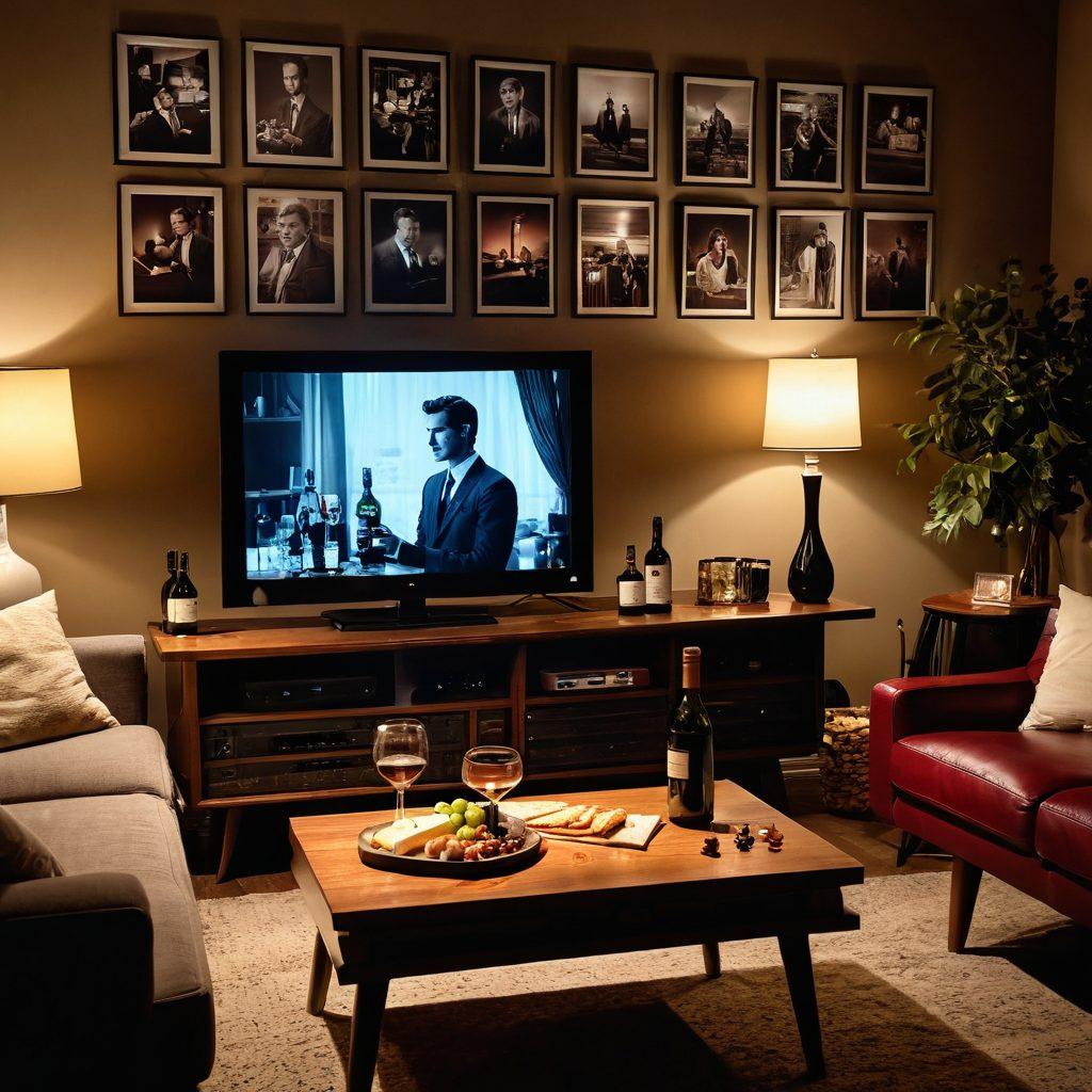 A cozy living room setting with a vintage film projector and a modern TV showing iconic movie scenes. A beautifully arranged wine table with glasses, a bottle of red and white wine, and gourmet cheese and crackers are elegantly placed. Soft, warm lighting sets a relaxed ambiance, and movie posters decorate the walls, showcasing classic and contemporary films. The entire scene invites viewers to enjoy cinematic experiences with perfect wine pairings. super-realistic. warm tones. cozy atmosphere.